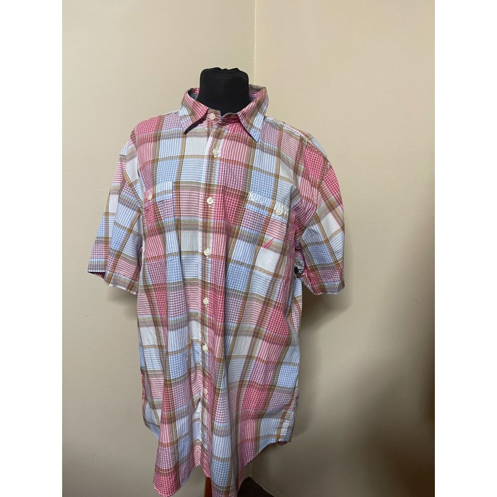 Nautica Men's Short Sleeve Pastel Plaid Button Up Dress Shirt Size L Easter Atti